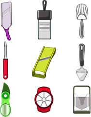 Poster - slicer food set cartoon. kitchen equipment, blade slice, tool restaurant, steel slicing slicer food sign. isolated symbol vector illustration