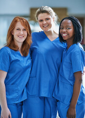 Poster - Portrait, nurses and team in a hospital, healthcare and happiness with doctors, career and friends. Medical student, surgeons or staff in uniform, wellness or teamwork with success or professional