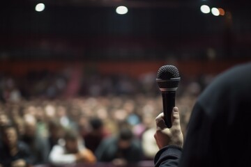 speaker hand with microphone, conference hall with blurred crowd, business corporate event