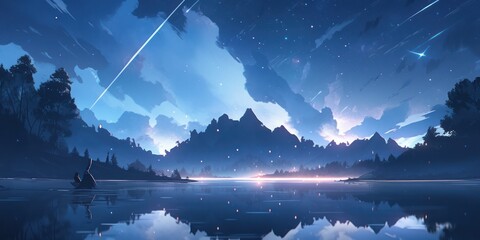 A shooting star. Shooting Star Comets Rain Down from Outer Space Night Sky Heavens. in the anime style, illustration. Generative AI	
