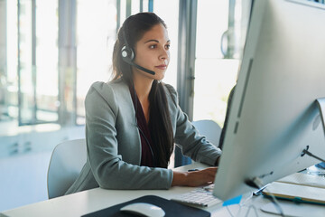 Aufkleber - Call center, computer and consulting with woman in office for customer support, advisory and online. Technology, internet and receptionist with employee at desk for contact us, communication and crm