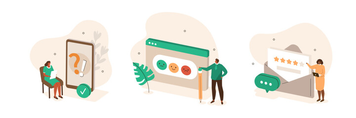Wall Mural - feedback and review concept illustration set. characters asking and giving positive five star evalua