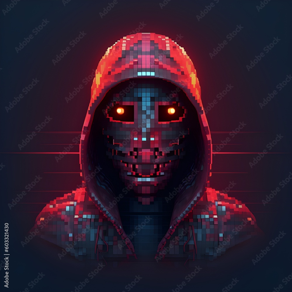 Portrait of anonymous cyborg hacker. Concept of hacking cybersecurity, cybercrime, cyberattack, pixel art style ai generative
