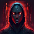 Portrait of anonymous cyborg hacker. Concept of hacking cybersecurity, cybercrime, cyberattack, pixel art style ai generative
