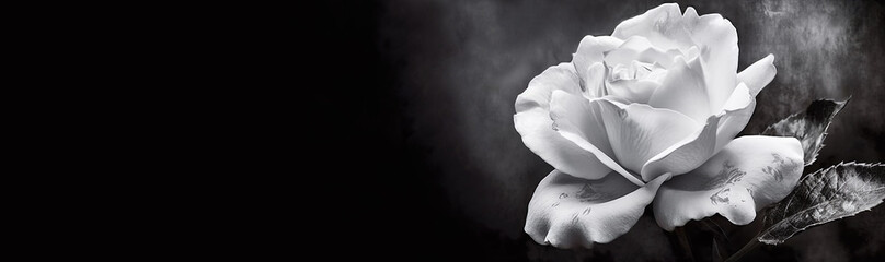 white rose on a dark background. condolence card. copy space for name, text or quote. black and whit