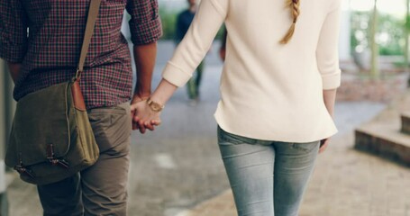 Aufkleber - Education, university and a couple holding hands while walking on campus together for learning. Back, college or scholarship with a man and woman students taking a walk to a class lesson for studying