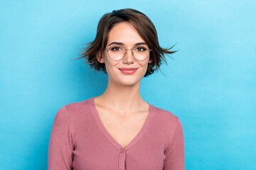 Sticker - Photo of adorable lady young student university education wear computer reading eyeglasses shirt isolated blue color background