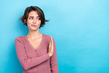 Photo Of Doubtful Unsure Woman Dressed Pink Shirt Showing Arm No Empty Space Isolated Blue Color Background