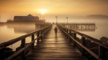 A Hazy Picture Of A Person Walking On A Misty Pier At Sunrise