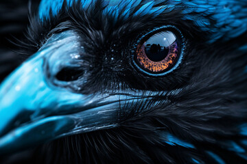 raven's eye close-up, created by a neural network, Generative AI technology