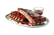Grilled ribs with barbecue sauce on top on a white platter and a bowl with more sauce on a cutout PNG transparent background.