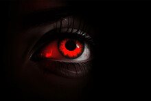 Woman's Red Eye In The Dark. Piercing Eyes. Burning Demonic Eyes. Copy Space. Close Up. 3D Digital Illustration
