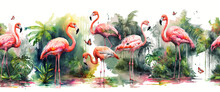 Pattern Wallpaper Digital Watercolor Painting Of A Flamingo In The Middle Of Tropical Lakes In Bright Colors- AI Generative