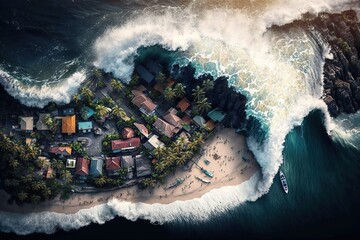 Aerial view of tsunami with a big wave crashing illustration. Ai generative.
