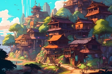 Wall Mural - Illustration of a Serene Village at  Day. Generative AI