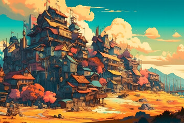 Wall Mural - Dreamy Illustration of a Day time Village. Generative AI