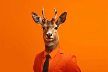 Wall Mural - portrait of a young deer in a suit on orange background business and fashion concept generative ai