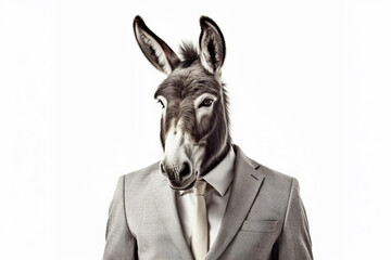 Wall Mural - Portrait of a donkey in a businessman suit isolated on white background generative ai