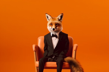 Portrait of a fox in a suit on an orange background. business and fashion concept generative ai