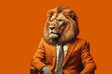 lion in a suit and tie sits in an armchair on an orange background generative ai