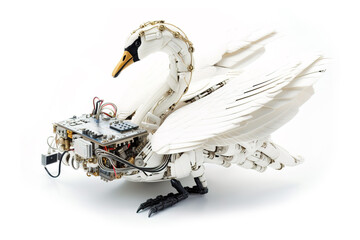 Wall Mural - Image of a swan modified into a robot on a white background. Wild Animals. illustration, generative AI.