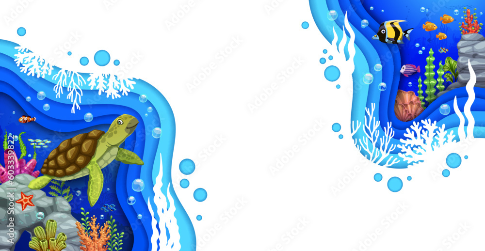 Cartoon underwater paper cut landscape with sea turtle and tropical ...