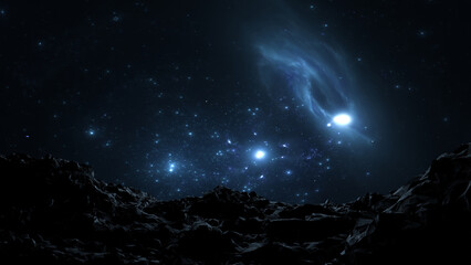 Wall Mural - cosmic landscape, stars, planets and galaxies, view from the surface of a stone planet. 3d render