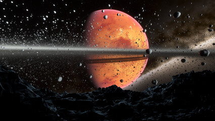 Cosmic landscape, stars, planets and galaxies, view from the surface of a stone planet. 3d render