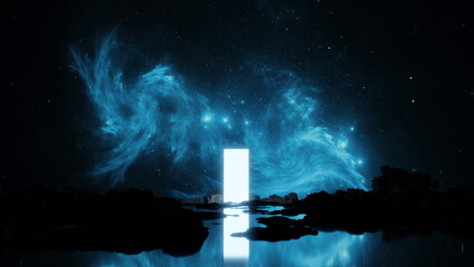 Wall Mural - glowing space portal is reflected in water. door to other worlds and galaxies among stones. journey 