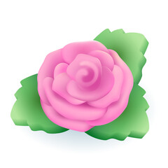 Wall Mural - Rose with pink petals and green leaves 3D illustration. Cartoon drawing of flower as decoration or symbol of love in 3D style on white background. Romance, nature, marriage, Valentine day concept