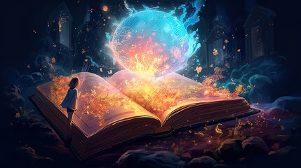 illustration of an opened book with magical character