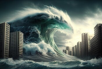 Tsunami with big wave going to hit a big city building illustration. Ai generative.