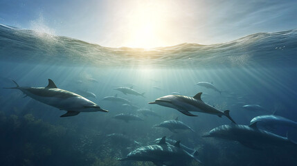 dolphins swimming underwater between the ocean , coral reef and school of fish on a blue sea background,
 Underwater cave and ocean creatures, dolphins jumping on the water seascape ,Generative AI 