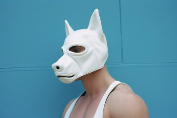 Wall Mural - a man in a white dog mask, created by a neural network, Generative AI technology