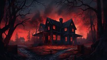 Haunted House In The Woods, Murder Mystery Story With A Dark House At Night, The Windows Have A Red Glow To Them And The Creepy Darkness Extends To A Street And A Forest Behind The House, Generative A