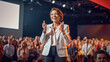 © AS Photo Family - Exited woman motivational speaker on stage. Diversity, Success, Leadership, STEM concept. Generative AI.