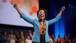 © AS Photo Family - Exited woman motivational speaker on stage. Diversity, Success, Leadership, STEM concept. Generative AI.