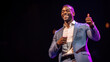 © AS Photo Family - African american man motivational speaker on stage, talking about success and leadership. Generative AI.
