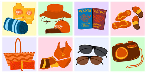 Holiday travel thing about summer vacation stuff to the beach. Flat vector illustration