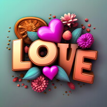 LOVE Typography With Flowers And Hearts On Blue Background, 3D Text Made With Generative Ai	
