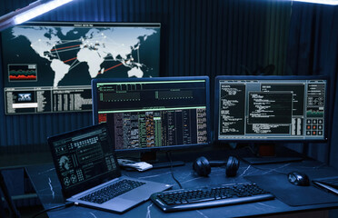 Cyber criminal haker dark room for massive attack of corporate big data servers