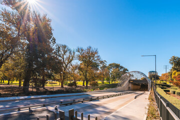 Adelaide O-Bahn service entrance on a bright day, eastern side, South Australia