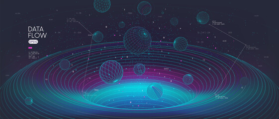 High-speed big data flow, Database tunnel information processing, innovative analytics and statistics of encoded data, cyberspace structural 3d geometric shapes black hole tech vector background