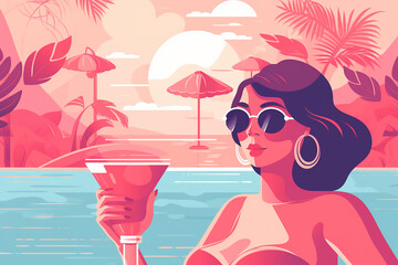 attractive girl and cocktail, beach vacation, created by a neural network, Generative AI technology