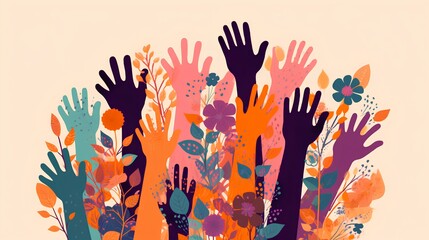 an illustration showcasing a collection of diverse and colorful hands raised up. unity, participatio