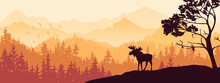 Silhouette Of Moose On Hill. Tree In Front, Mountains And Forest In Background. Magical Misty Landscape. Illustration, Horizontal Banner.