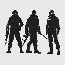 Military, War, Conflict, Soldiers - Three Special Forces Men Holding A Machine Gun On Silhouettes Vector