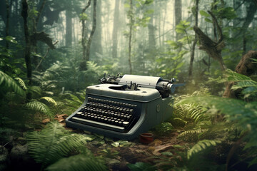 typewriter in the jungle, created by a neural network, Generative AI technology