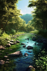 Poster - A tranquil image of a peaceful river flowing through a lush forest, inviting a sense of serenity and connection with nature. Generative AI technology.