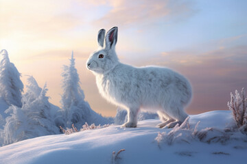 Wall Mural - An artistic illustration of a frozen arctic hare, with its fur blending seamlessly with the snow-covered landscape,  Generative AI technology.